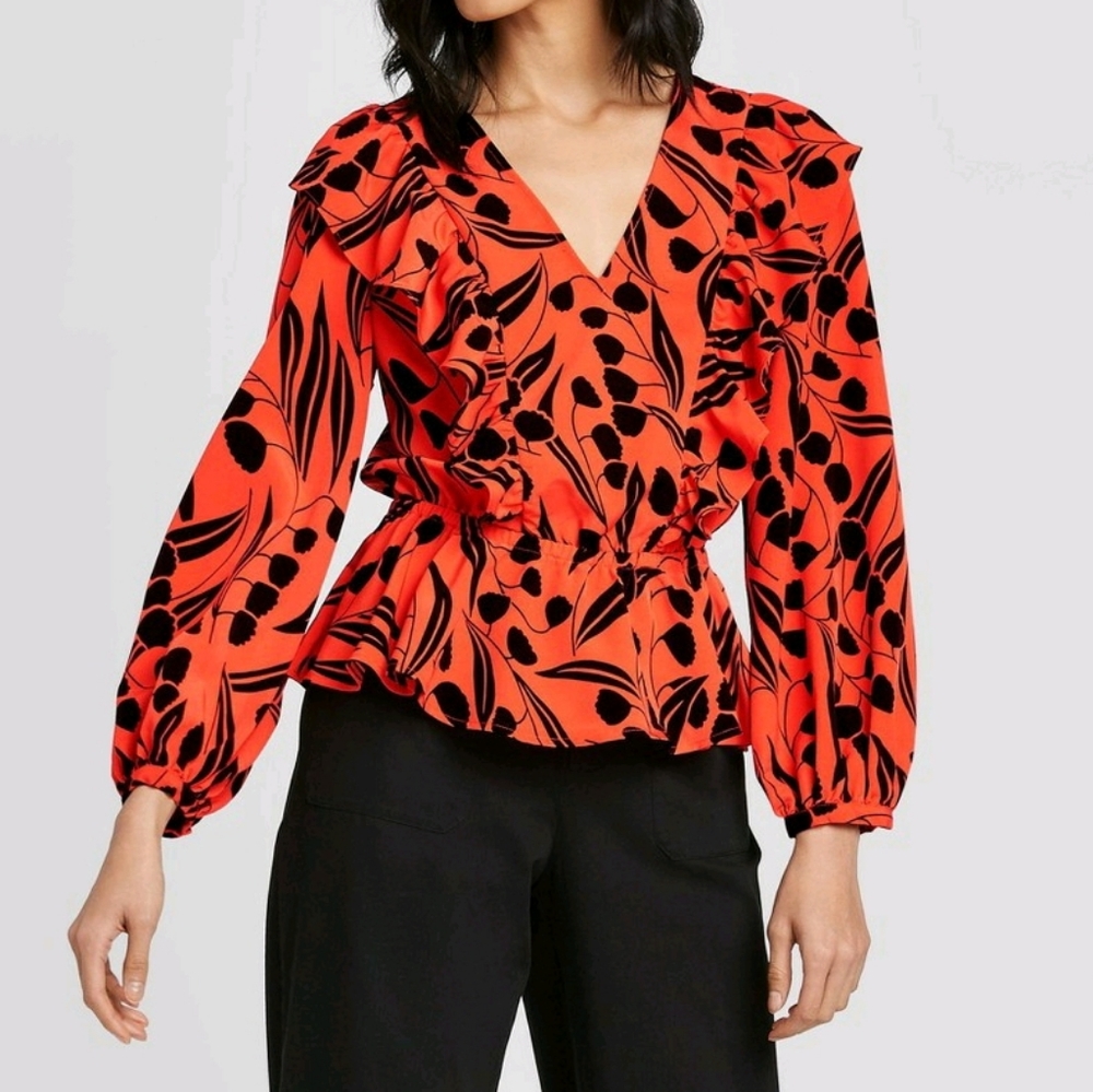 Who What Wear Red and Black Floral Ruffle Peplum Blouse